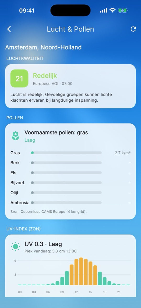 Luchtkwaliteit, pollen en UV-index in één scherm.
