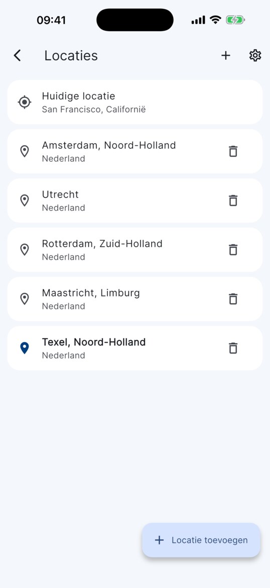 Locatielijst met Amsterdam, Utrecht, Rotterdam, Maastricht en Texel.