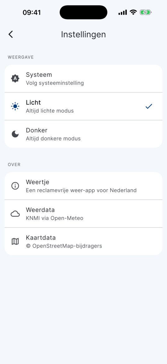 Instellingen met thema-keuze en gebruikte databronnen.